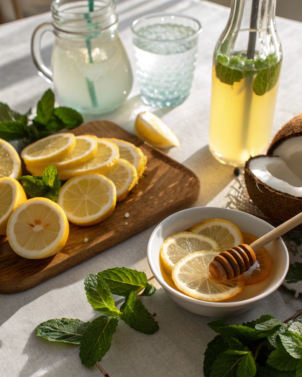 Easy 3-Minute Lemon Mocktails: Fresh Citrus Bliss | Chef Marcus 2 Lemon Mocktails ingredients laid out on clean white counter
