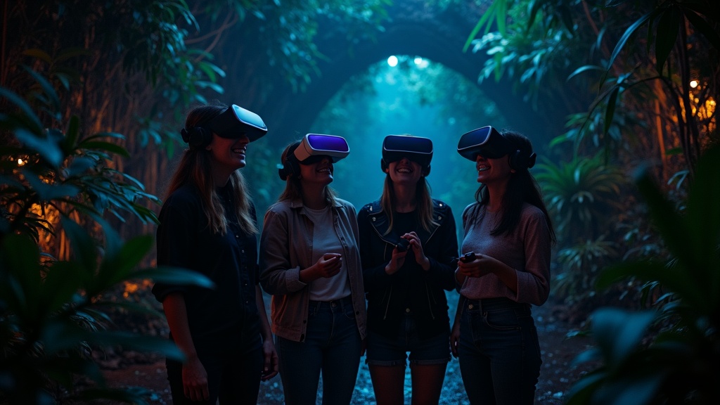 Jugadores con gafas VR explorando el mundo selvático y las islas flotantes del Jungle Quest escape room VR en Virtua Barcelona
