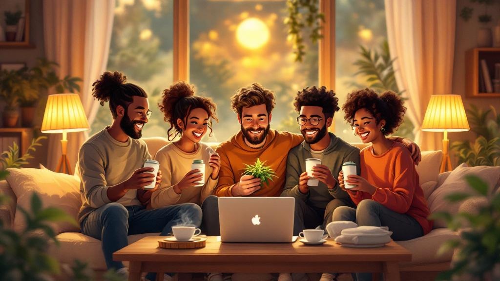 Happy customers enjoying cannabis products in comfortable home setting