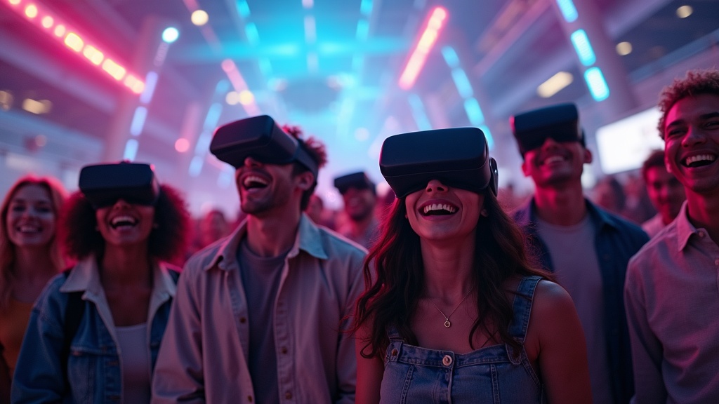 Grupo de amigos disfrutando de experiencias de realidad virtual multijugador en Barcelona, en el centro Virtua.