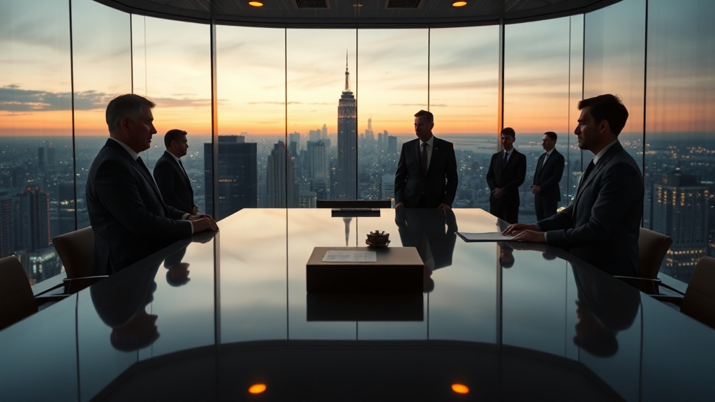 A cinematic, photorealistic movie still capturing a high-stakes diplomatic meeting in a modern 2025 urban environment. The scene is set inside a glass-walled skyscraper conference room overlooking a dense cityscape of glass and steel towers, evening lights and subtle neon accents blending with remaining daylight. Two senior delegation leaders stand opposite each other across a long polished table, faces and features intentionally nondescript and non-identifying, their body language conveying tension mixed with cautious hope; a small group of aides and advisors sits or stands in soft focus behind them. The table holds unbranded sealed documents and a neutral, small object of symbolism (no logos or emblems); no flags, signage, visible text, or recognizable symbols appear anywhere. Photographed like a film still with realistic, natural skin tones and accurate specular highlights on clothing and skin, cinematic depth of field, shallow focus on the leaders, subtle film grain, and rich high-resolution textures. Lighting is dramatic yet natural — warm window rim light from the sunset meeting cool artificial interior accents and neon reflections on glass — creating layered shadows and reflective details that emphasize atmosphere and emotional weight, shot with a movie camera lens perspective and careful composition to evoke a universally relatable moment of negotiation and peace-seeking without referencing any specific person, nation, or place.