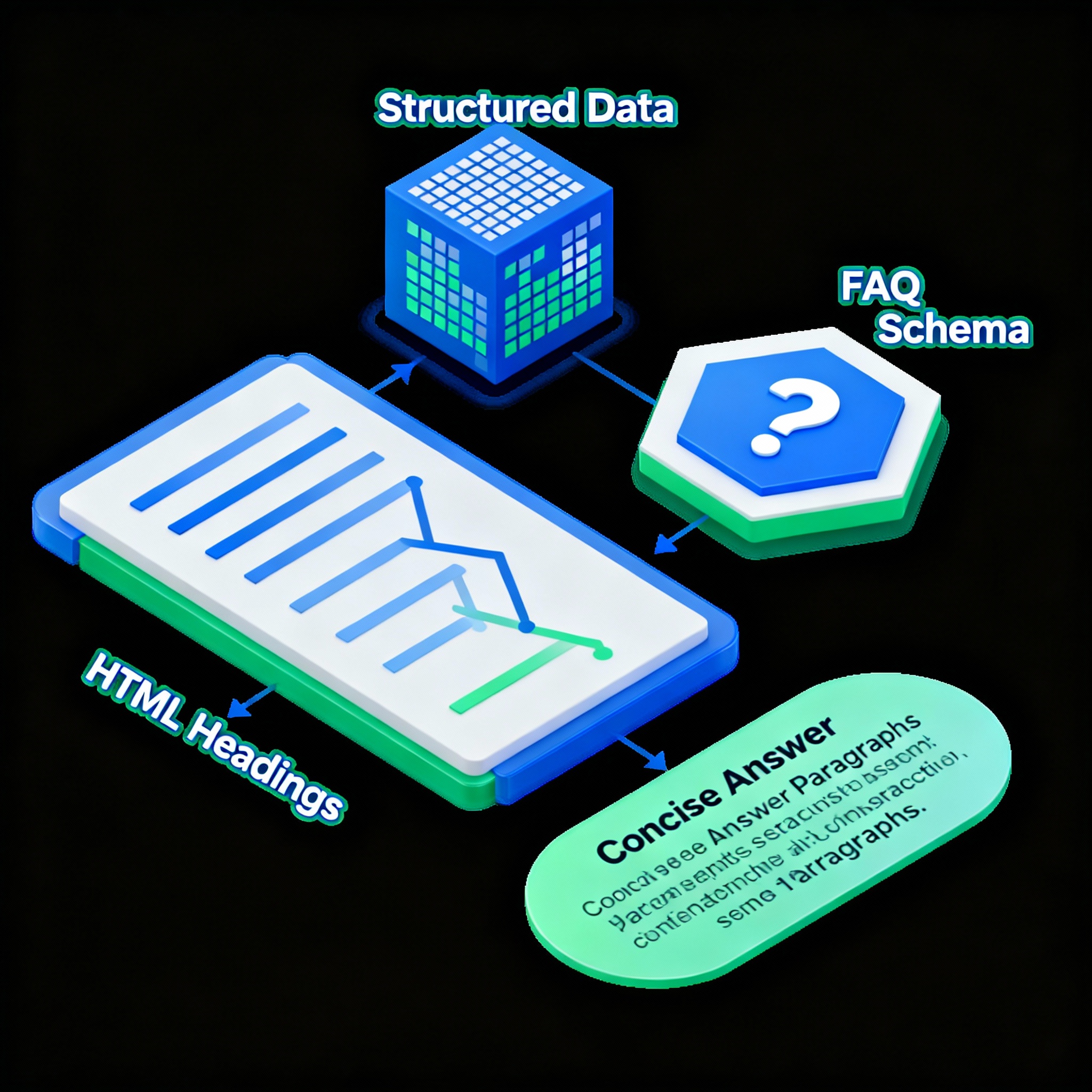 Stylized, isometric 3D diagram showing optimization tactics for zero-click content, labeled blocks for structured data, FA...