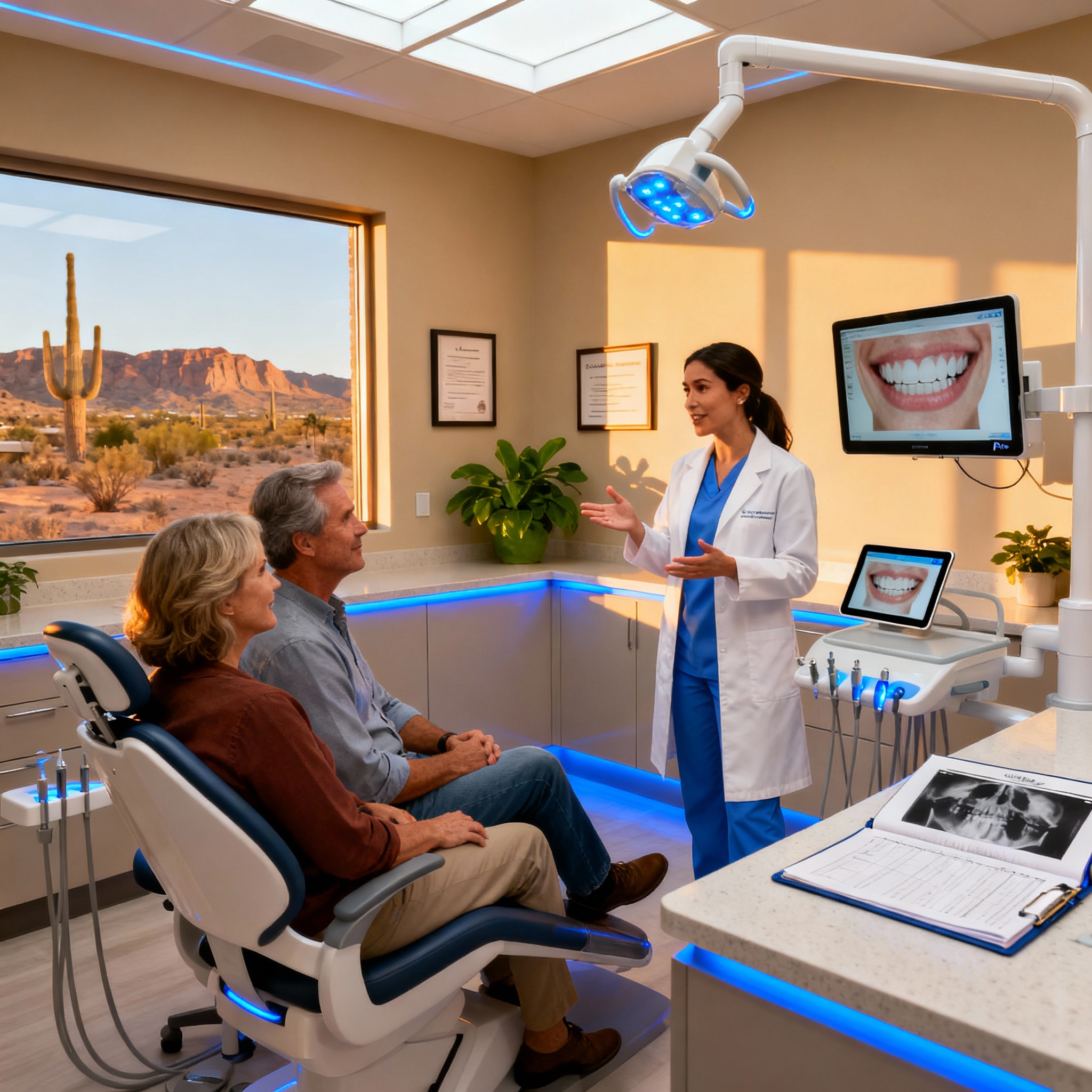 Photorealistic, friendly female dentist consulting with a middle-aged American couple in a bright, modern Scottsdale exam ...