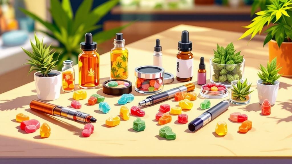 Diverse cannabis product selection cartoon illustration