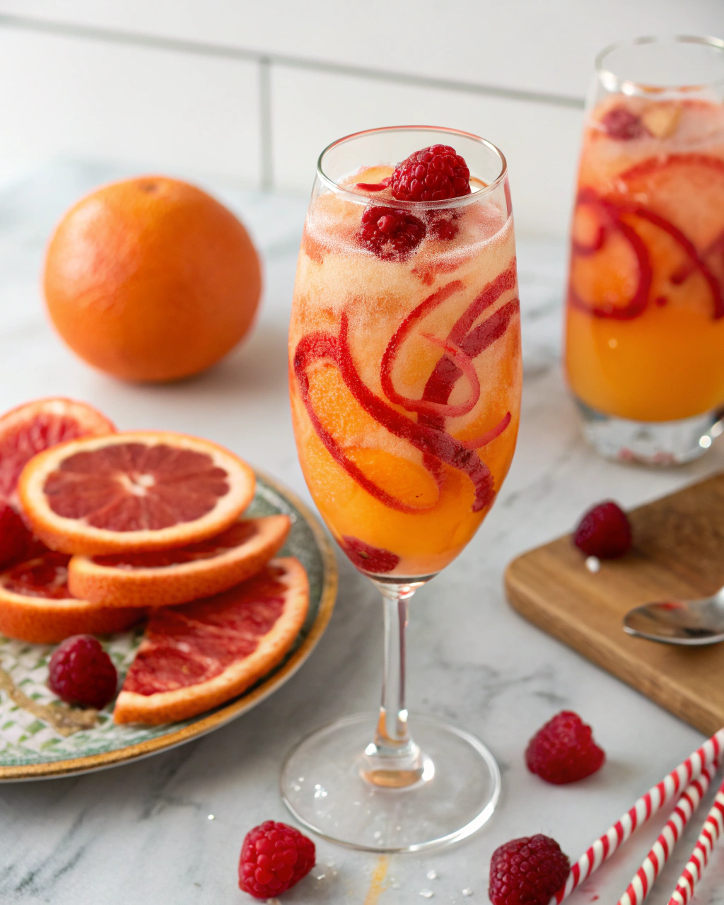 Sunrise Mocktail Recipe ingredients laid out on clean white counter