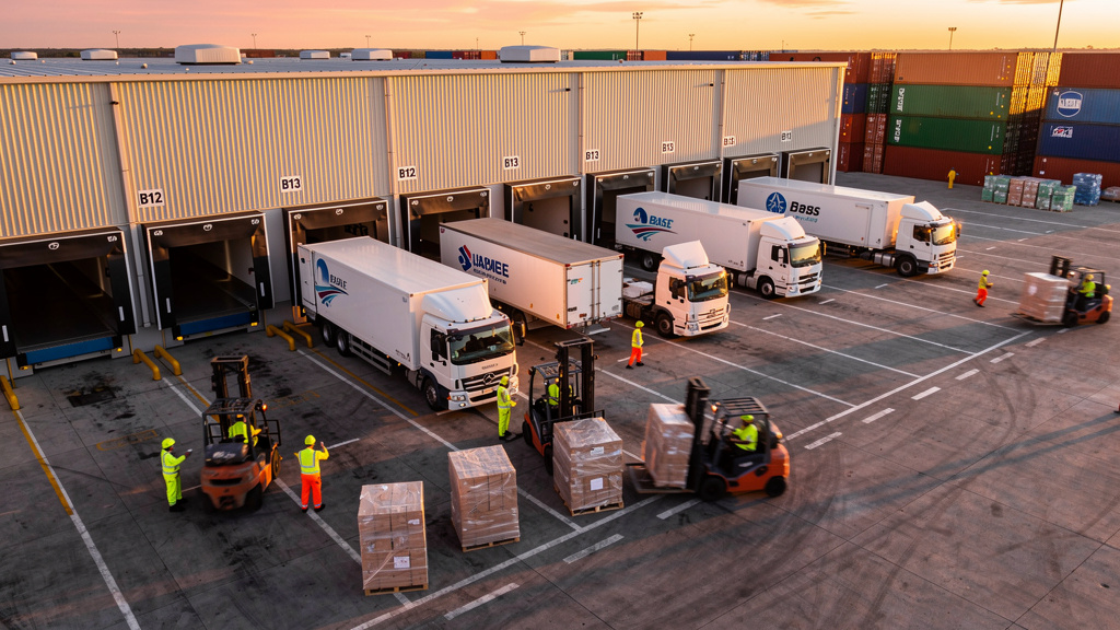 Busy distribution center with coordinated logistics operations