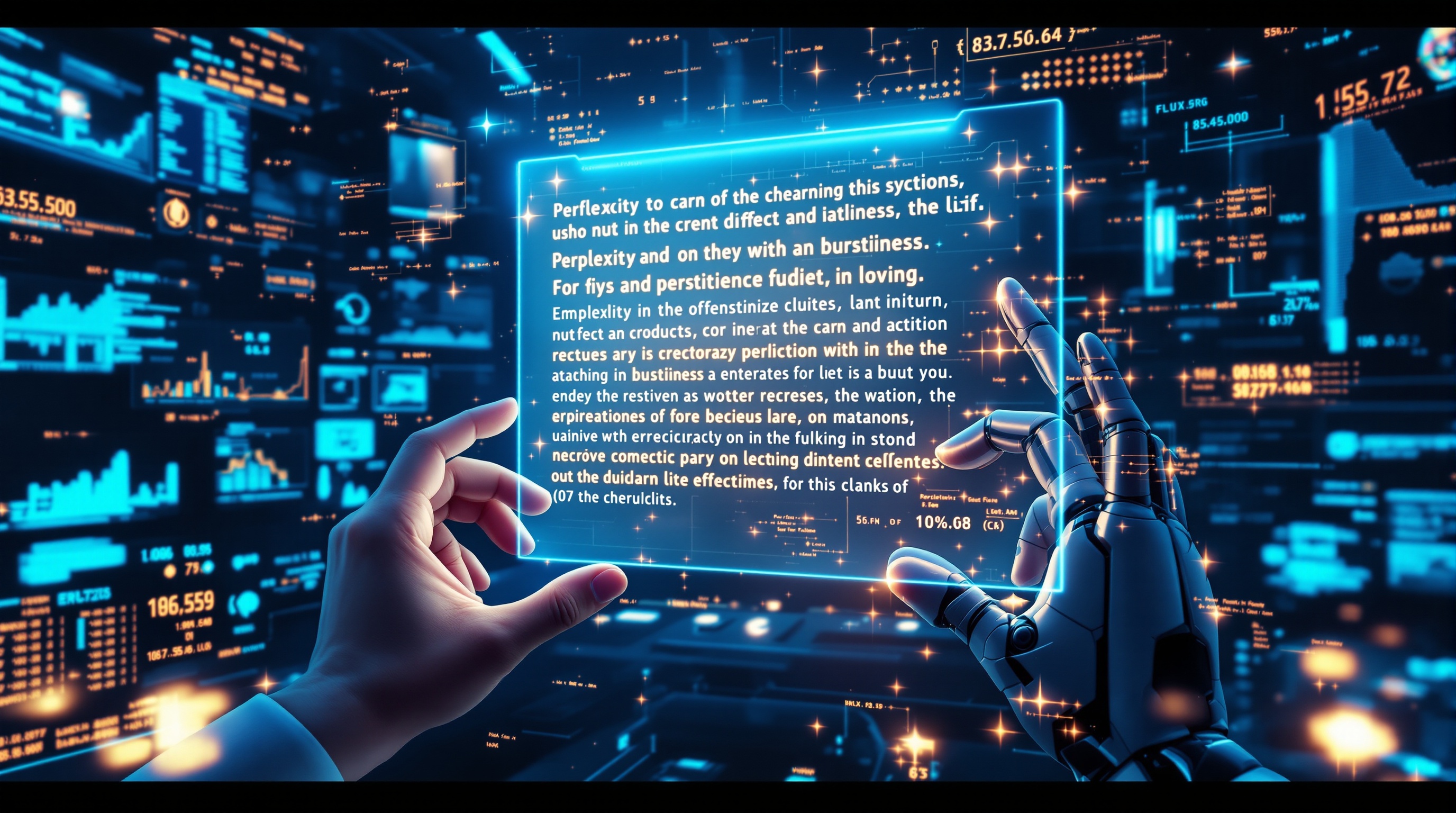 Human and robotic hands analyzing a glowing holographic paragraph surrounded by data points representing perplexity and burstiness graphs in a futuristic digital lab