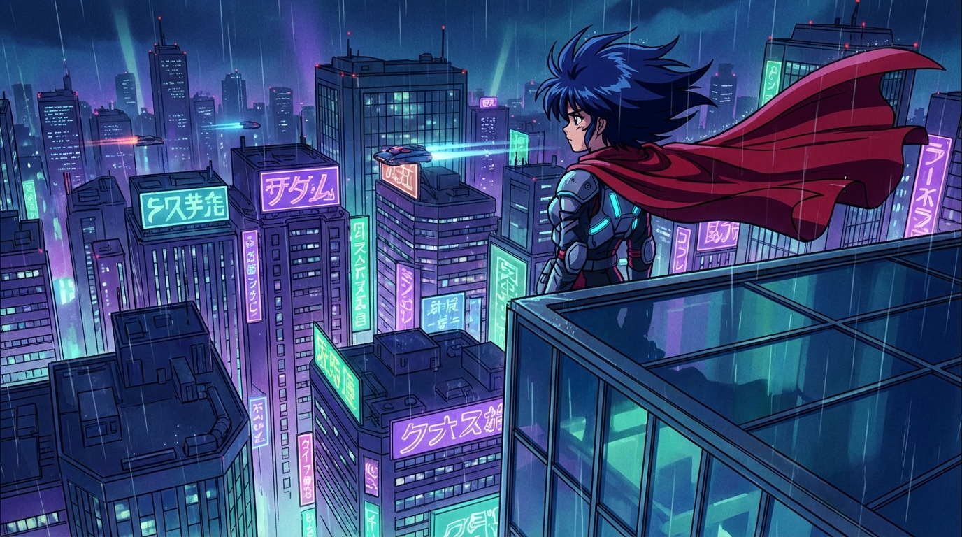 Anime-style illustration of a heroine above a city, generated by Nano Banana 2