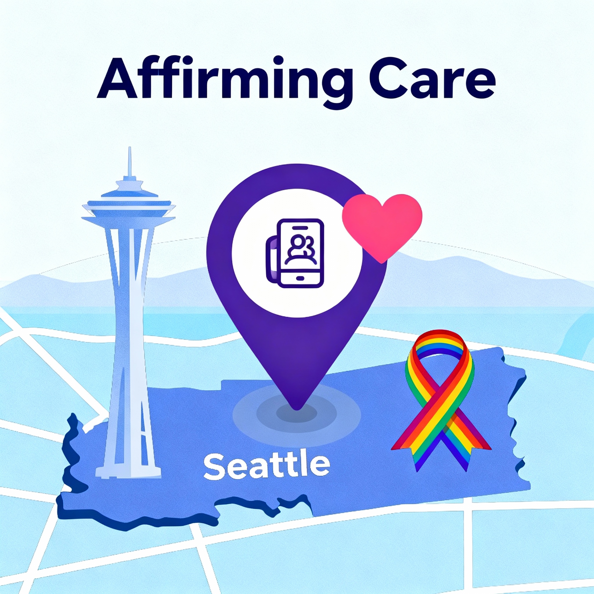 Modern illustration showing an abstract map pin over Seattle, Washington with icons for telehealth, a heart, and a rainbow...