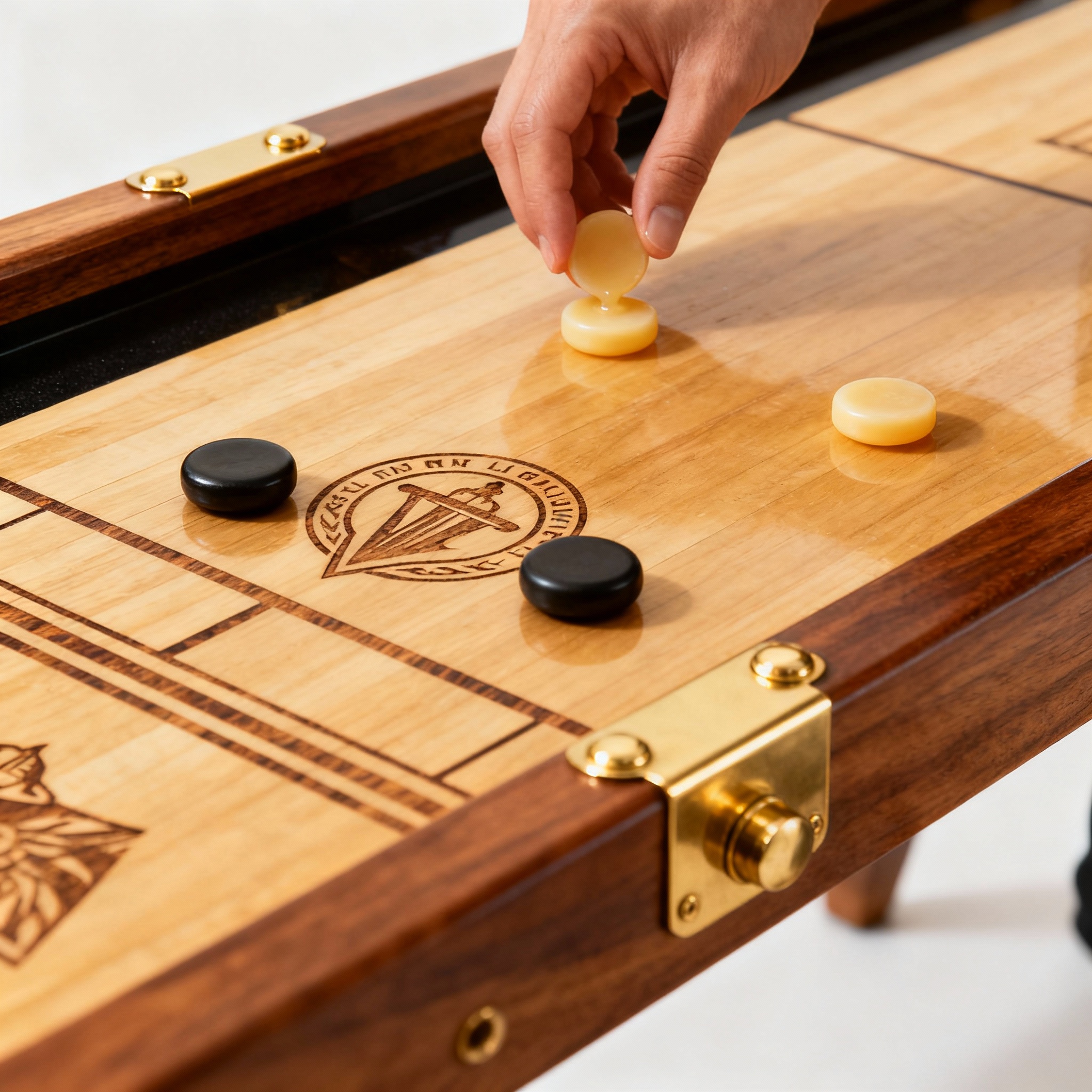 Close-up photorealistic image of shuffleboard play surface showing engraved inlay, pro-grade wax beads being applied, macr...