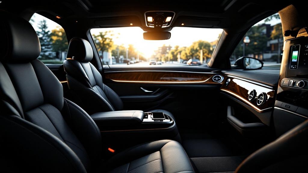 Luxury sedan interior with leather seats and amenities