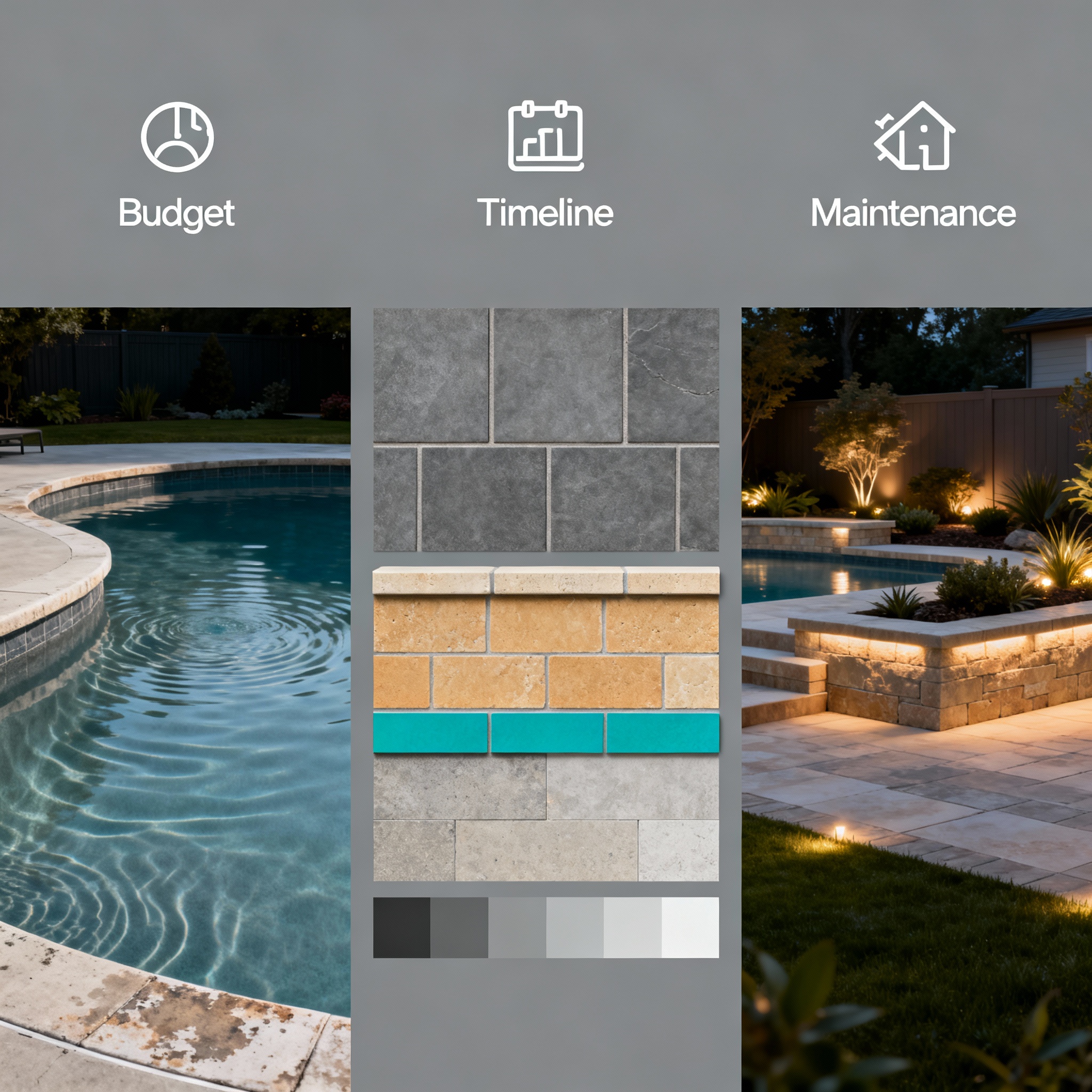 Minimalist infographic-style photorealistic render of three remodeling stages, left to right: existing pool, design mockup...