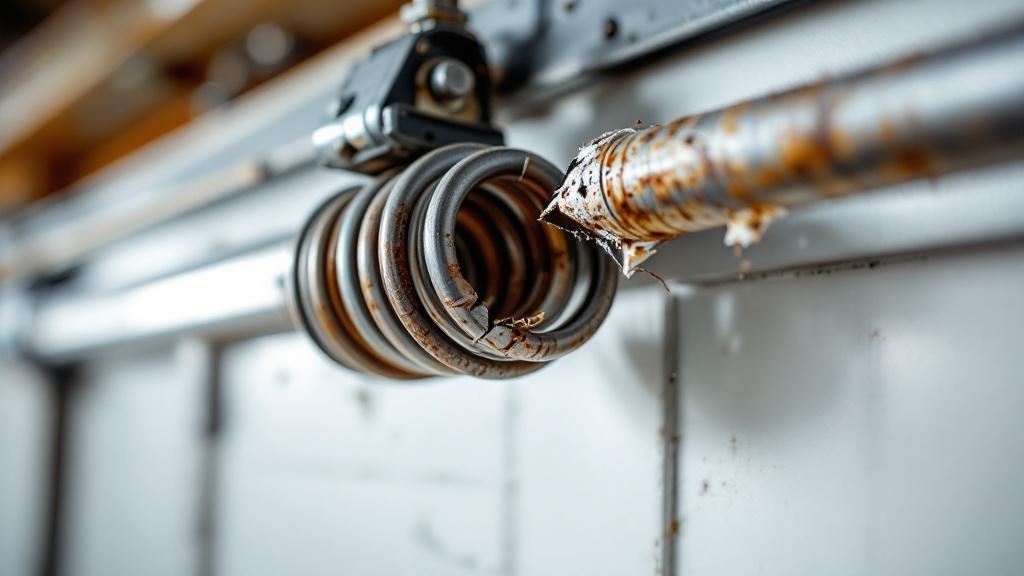 Broken garage door torsion spring requiring immediate repair