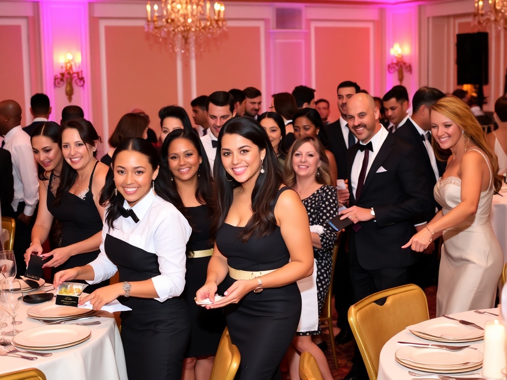 A diverse team of event staff, including hospitality runners, working cohesively at a elegant wedding reception. They are smiling, attentive, and engaged in various tasks like setting up, serving, and assisting guests. The atmosphere is joyful and professional.