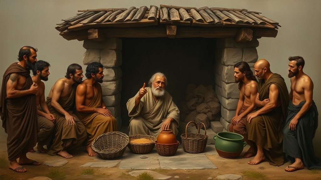 고전적 분위기의 공동 창고를 둘러싼 사람들