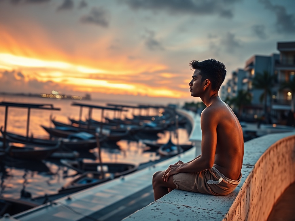 Job Listings on His Screen, Resort Lights on the Horizon