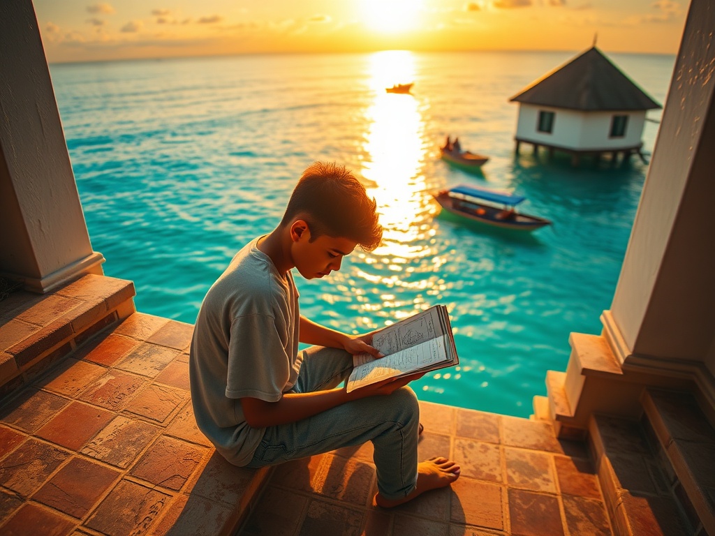 Physics Textbook in One Hand, Quran in the Other, on the Mosque Steps at Dusk