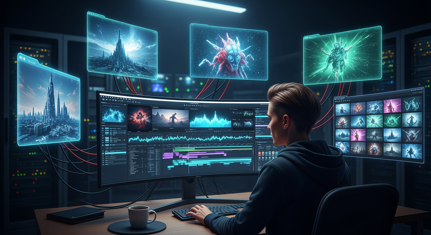 AI filmmaker creating cinematic videos using AI tools and holographic displays