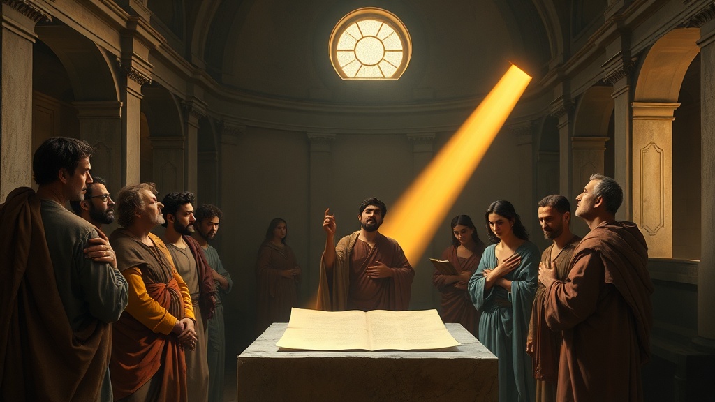 빛이 드리운 고전적 실내의 사람들