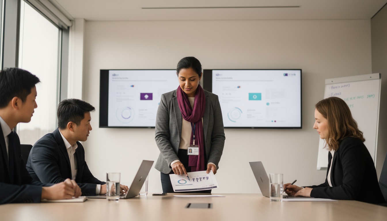 A calm nurse leader stands at the head of a conference table pointing to a printed report while two colleagues listen and take notes in a modern healthcare office bathed in soft daylight. The scene shows a laptop dashboard, monitors, and a whiteboard in the background, with subtle aubergine accents in clothing and a clean, uncluttered composition.
