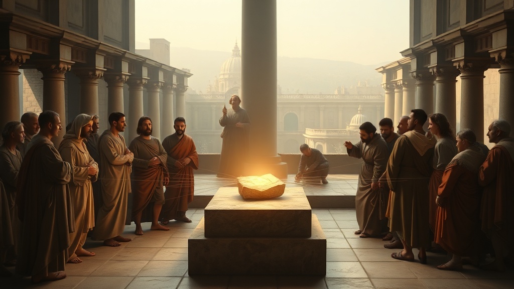 알레고리적 석조 코너스톤 작업 장면