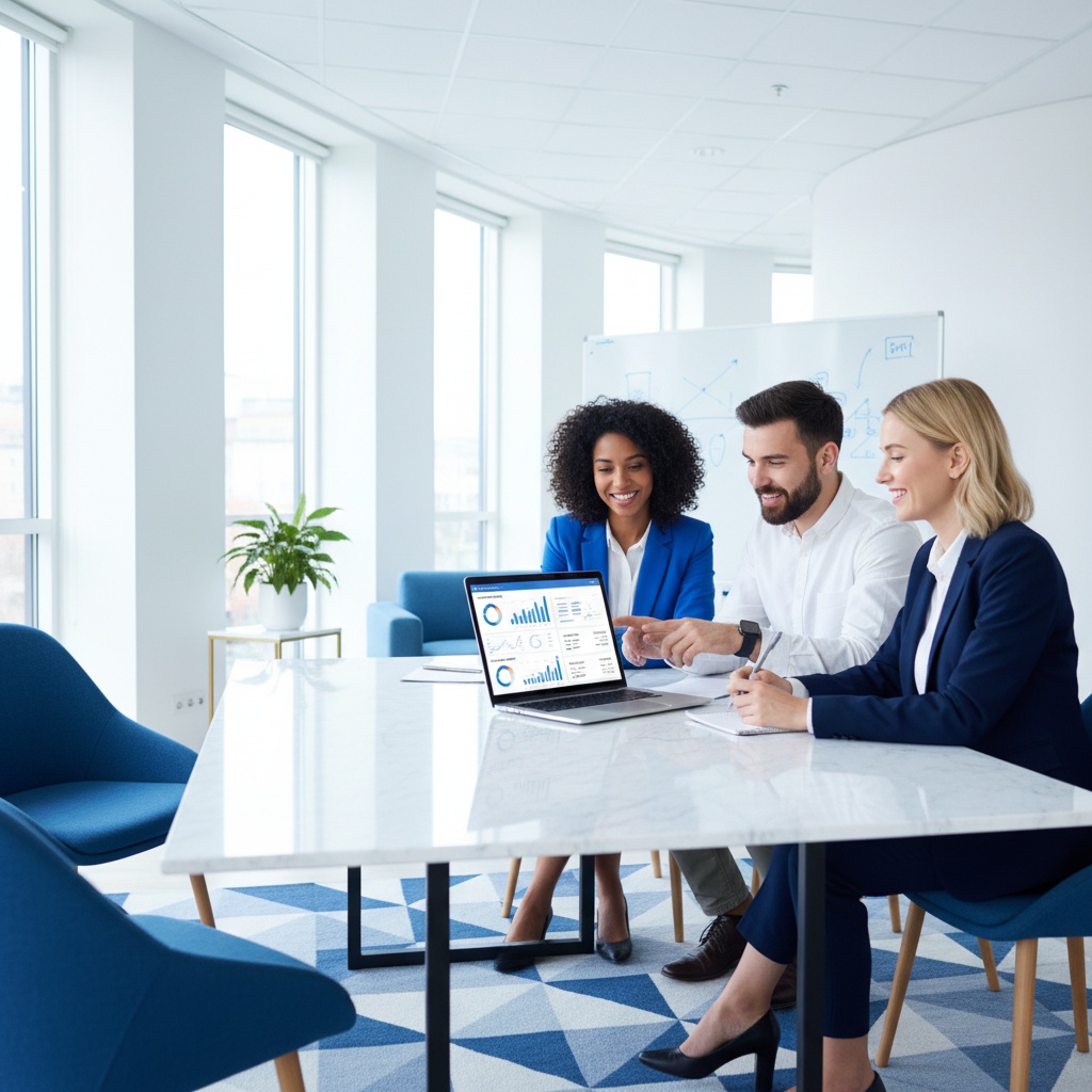 Photorealistic header image of a small team in a modern agency conference room, a laptop open to a marketing dashboard sho...