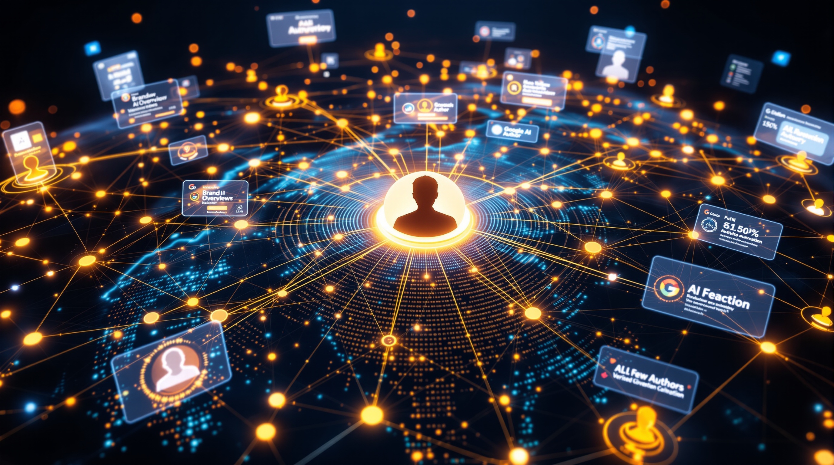 Cinematic concept artwork depicting a glowing digital network of brand authority and trust, showing interconnected verified author profiles and sources