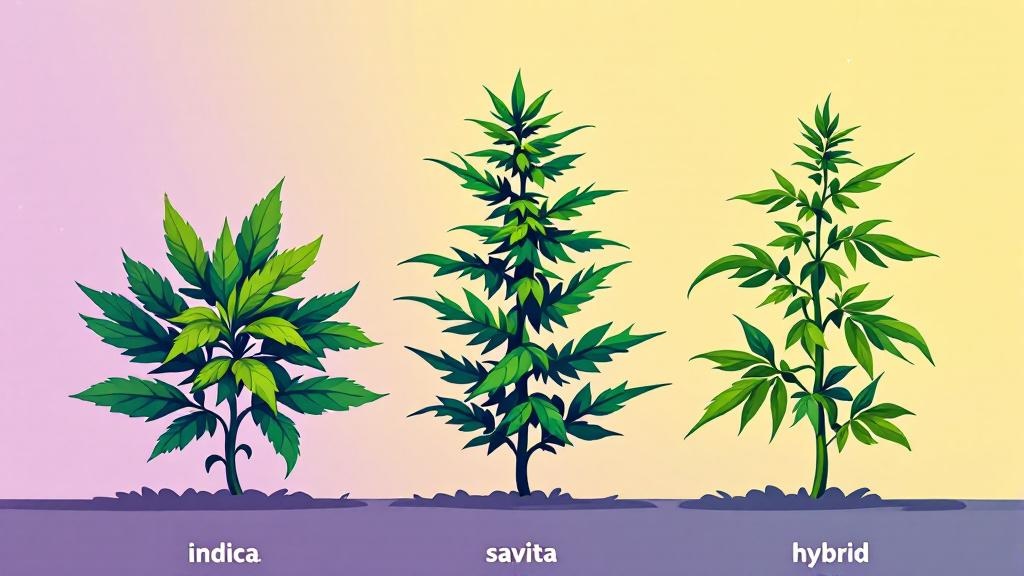 Cartoon cannabis plants showing indica sativa hybrid differences