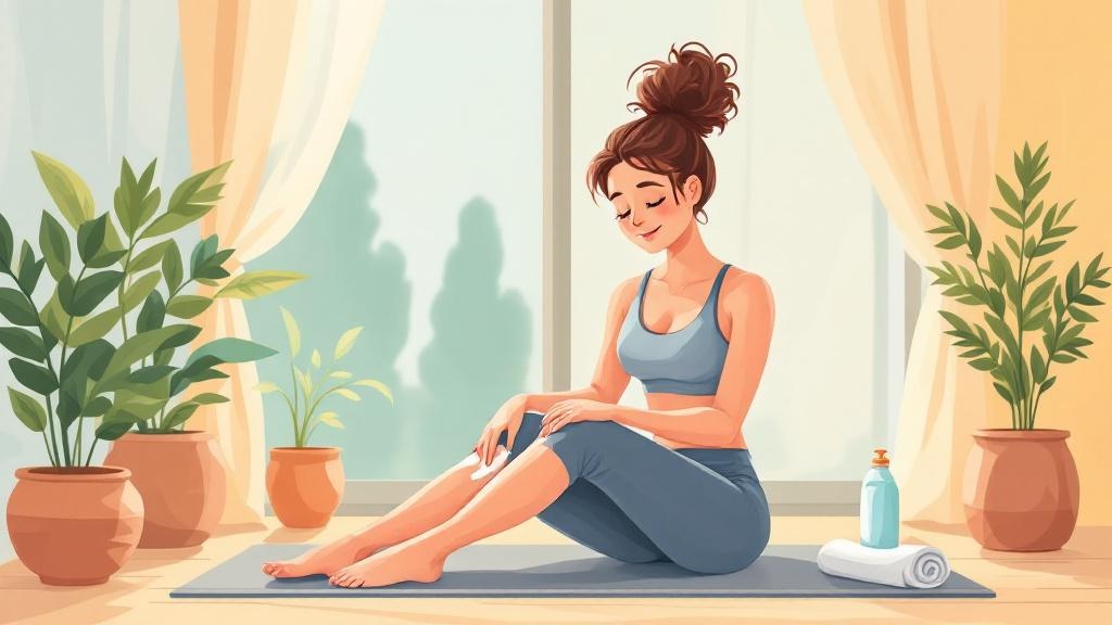 Person applying lotion to knee after exercise routine