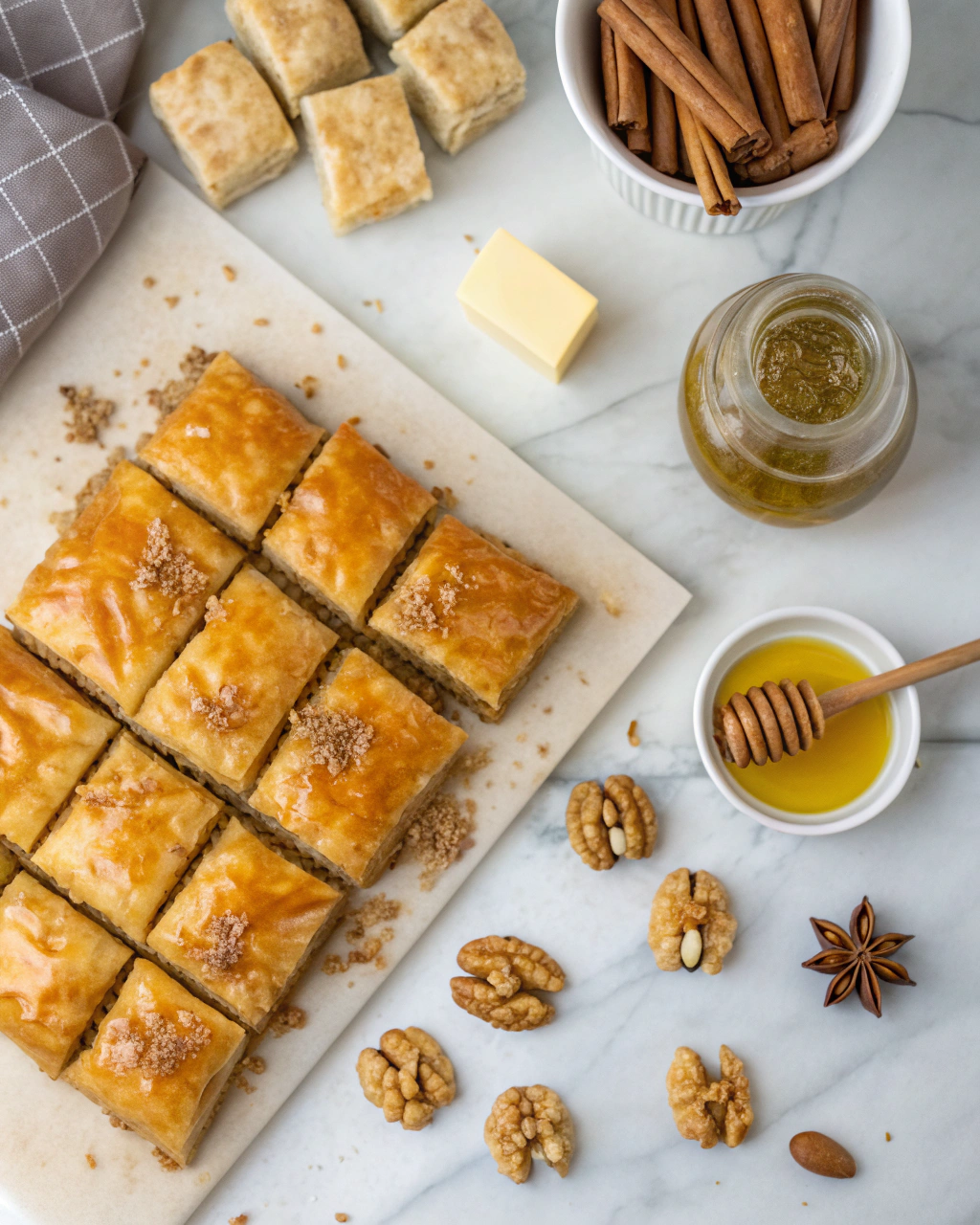 Greek baklava ingredients including phyllo dough, mixed nuts, butter, cinnamon, honey and sugar arranged on a wooden cutting board