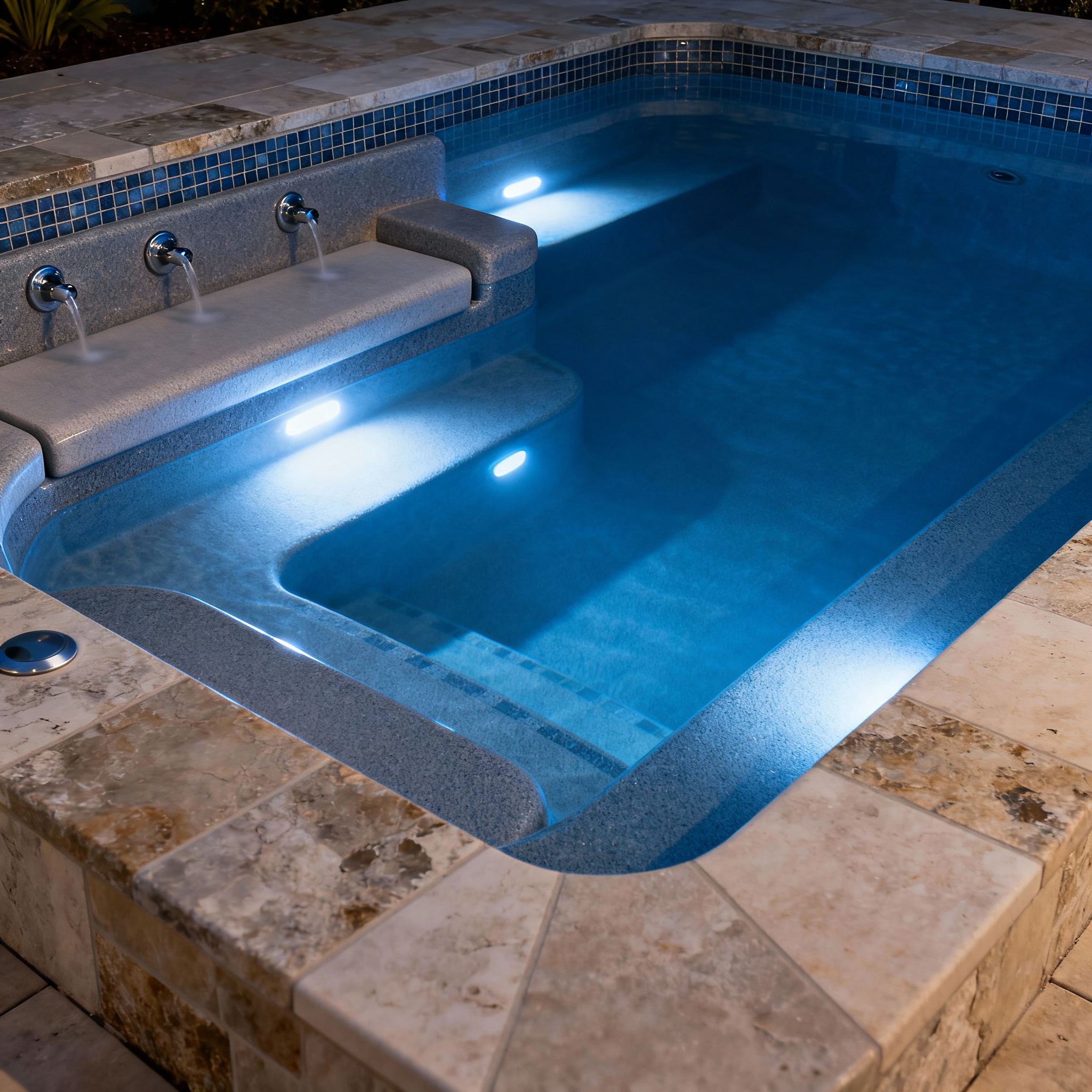 Photorealistic close-up of spool details, showing built-in therapy jets, ergonomic bench seating, inset LED lighting in wa...