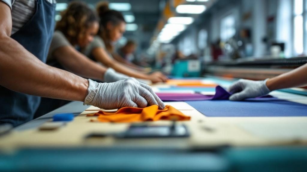 Factory workers collaborating with automated textile equipment