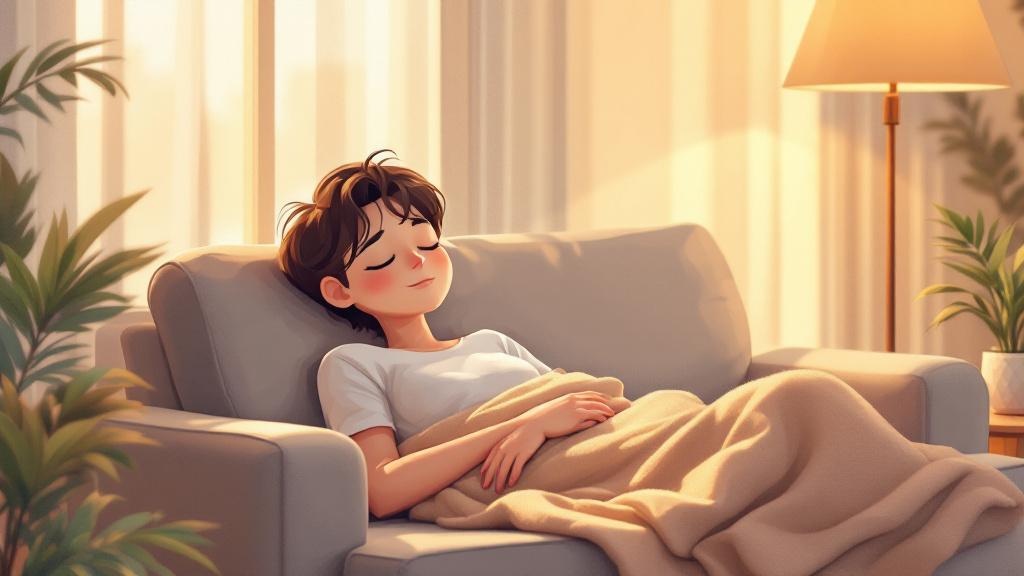 Cartoon person peacefully relaxing on sofa at home