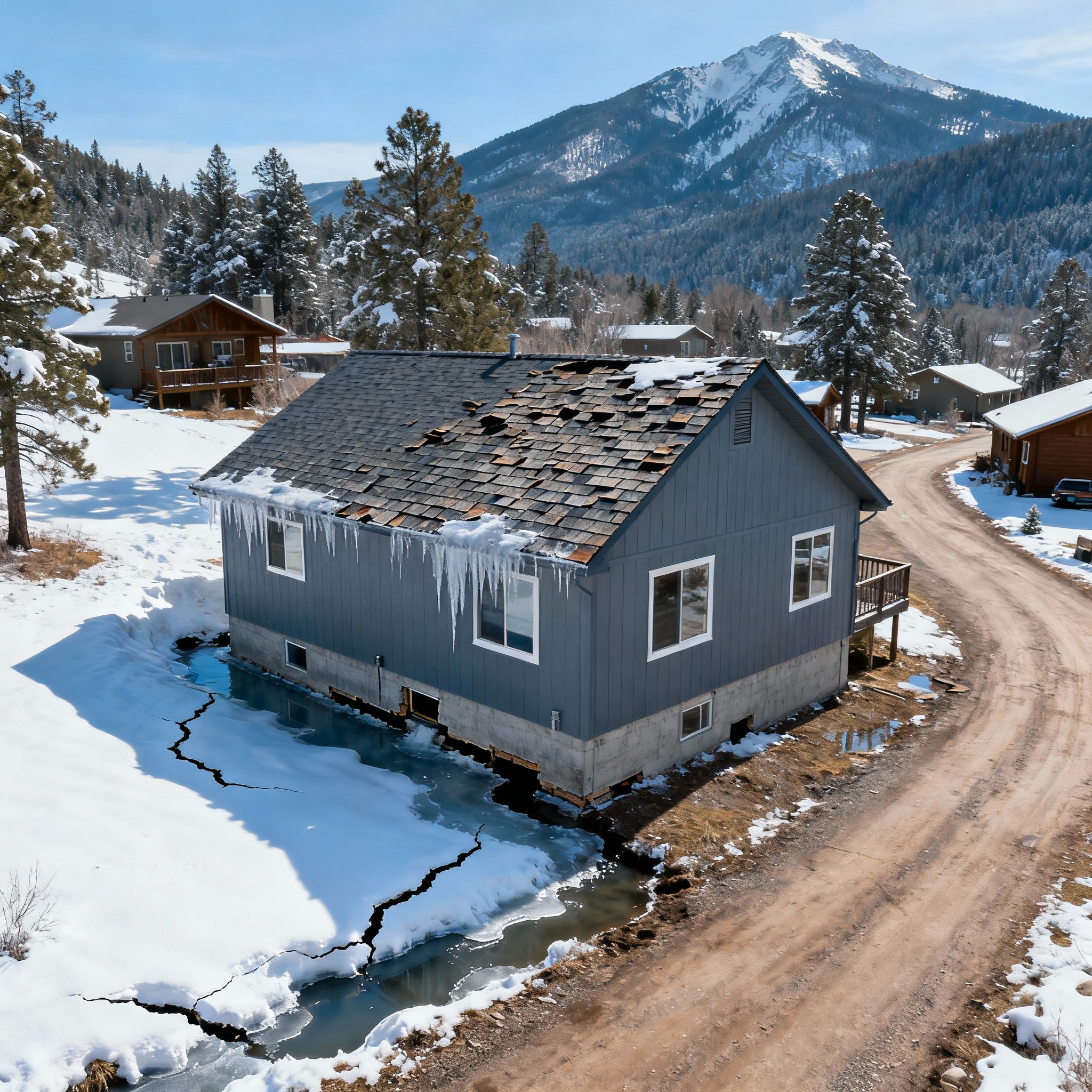 Wide-angle photo of a mountain home near a melting snowpack, showing potential water entry points at the foundation and ro...