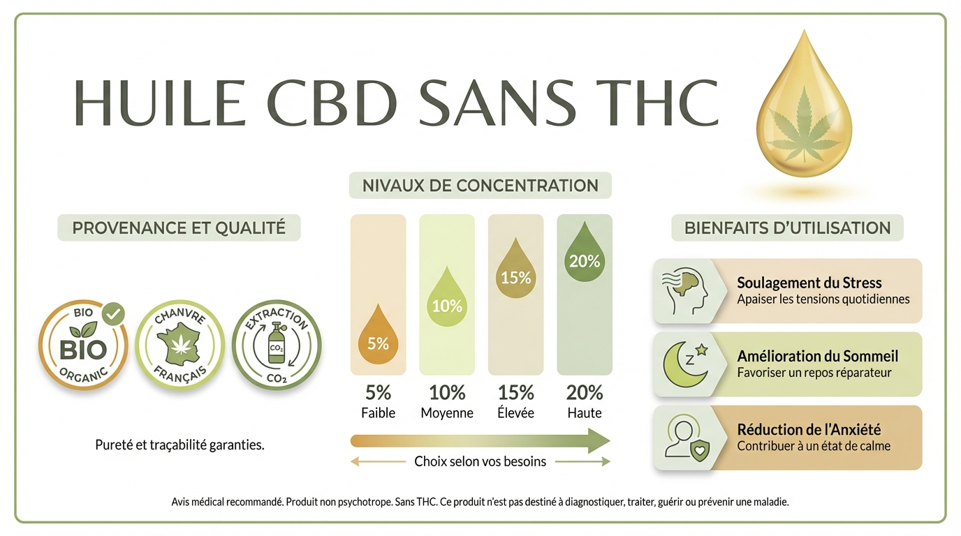 Infographie complète sur l'huile CBD sans THC : concentrations, critères de qualité et bienfaits