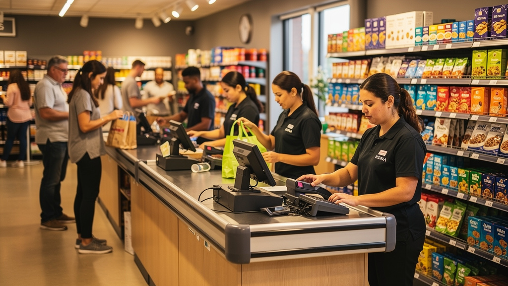 Retail workers serving customers in busy shop