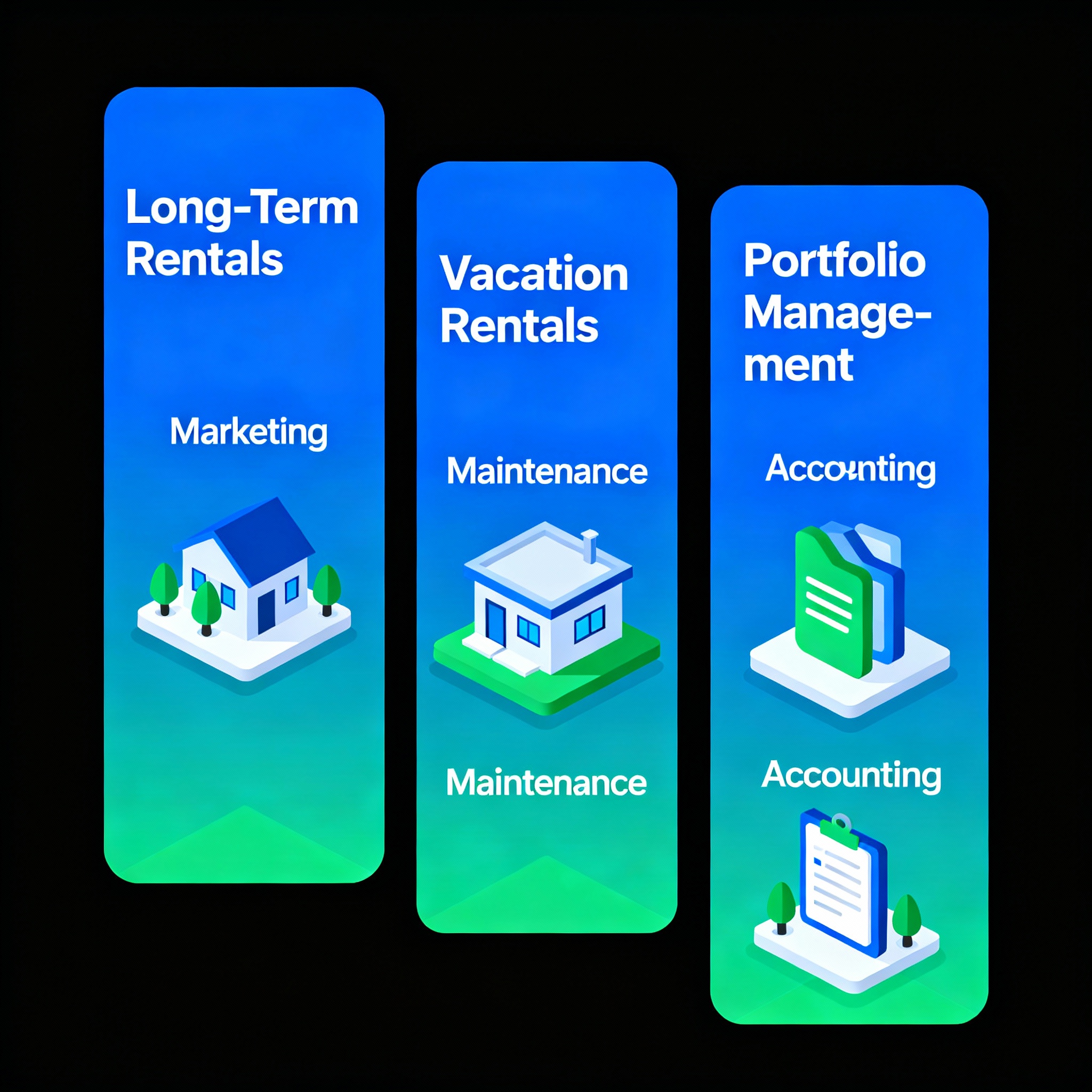 Isometric infographic style visual showing three vertical columns labeled Long-Term Rentals, Vacation Rentals, and Portfol...