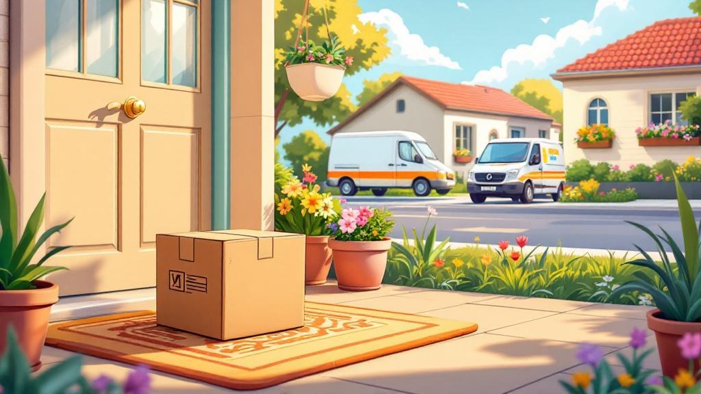 Cartoon plain package on doorstep with flowers