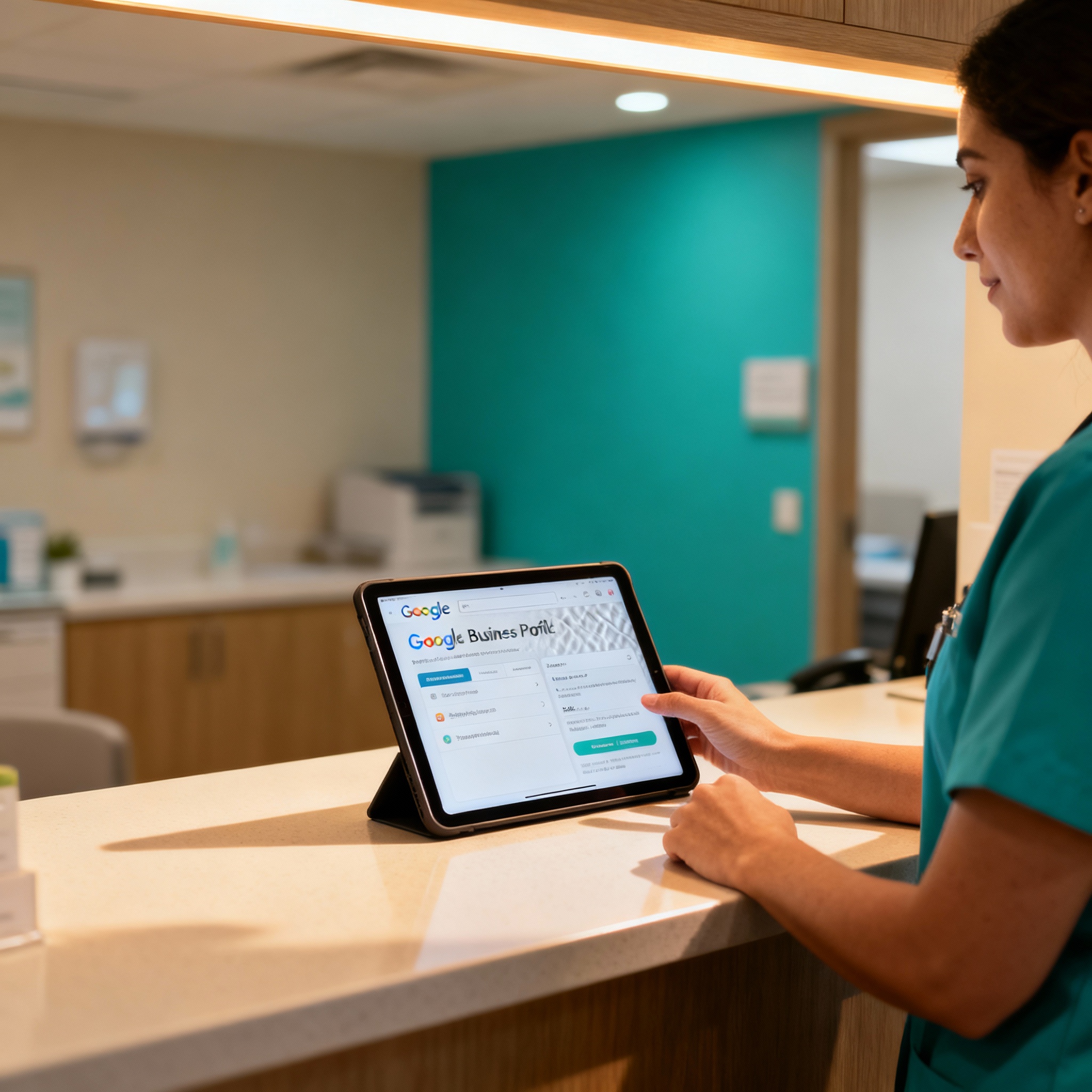 Photorealistic scene of a small clinic reception desk with staff using a tablet to update their Google Business Profile, w...