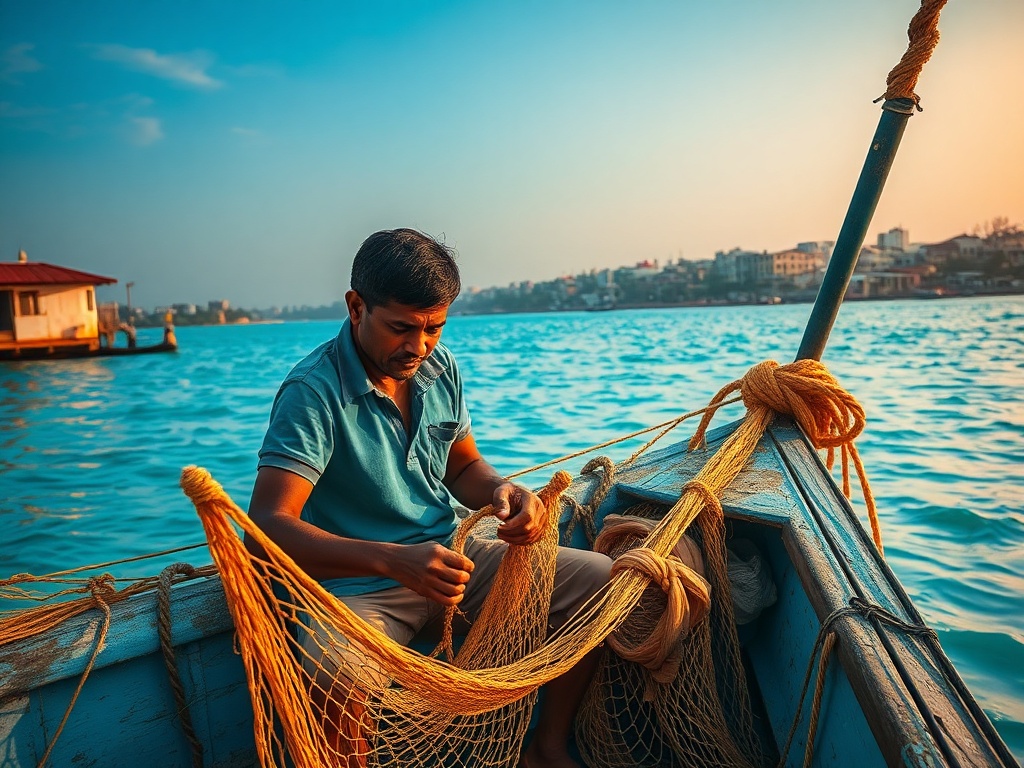 The Fisherman Mending Nets as Malé's Towers Crowd the Horizon