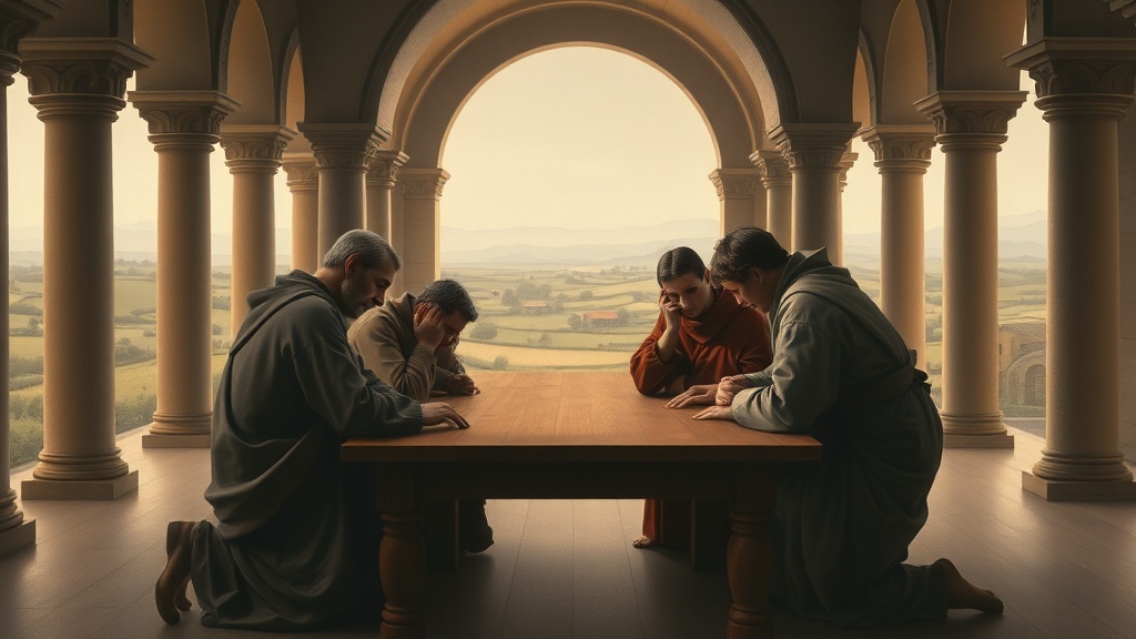 성찰하는 인물들이 오래된 홀에 모여 있는 고전적 풍경, 분위기와 감정에 집중한 장면