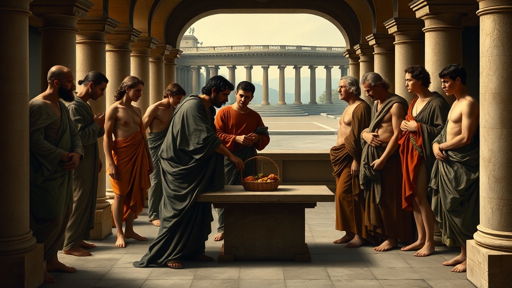 고전적 아케이드 안에서 손을 맞잡고 상호 이해를 표현하는 인물들