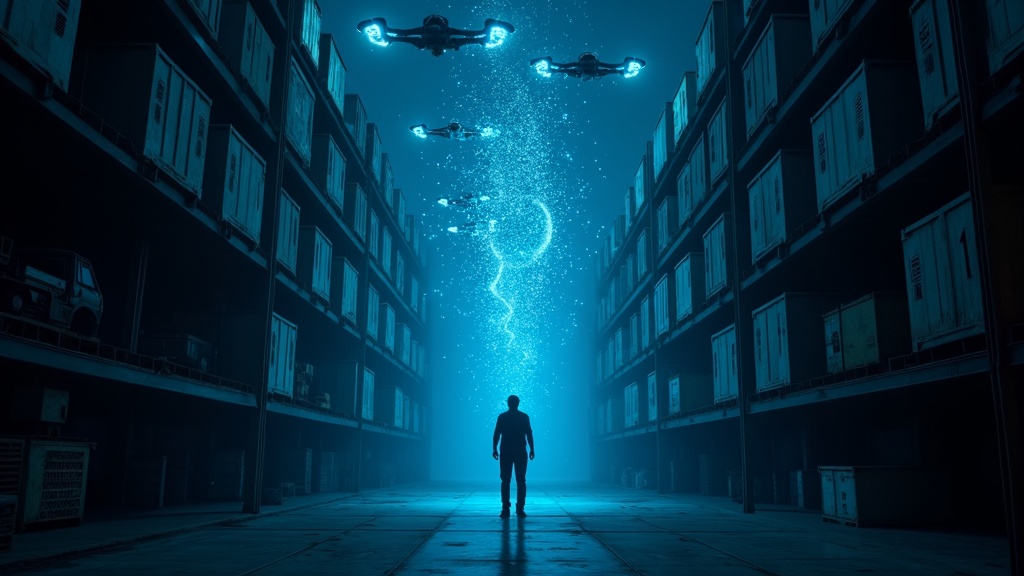 Centro logístico moderno con robots autónomos, simbolizando el futuro de la IA en la logística una vez superadas las barreras.