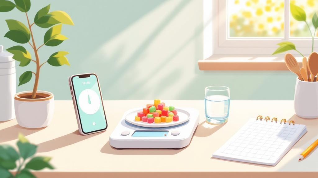 Cartoon kitchen scale measuring edible dosage carefully