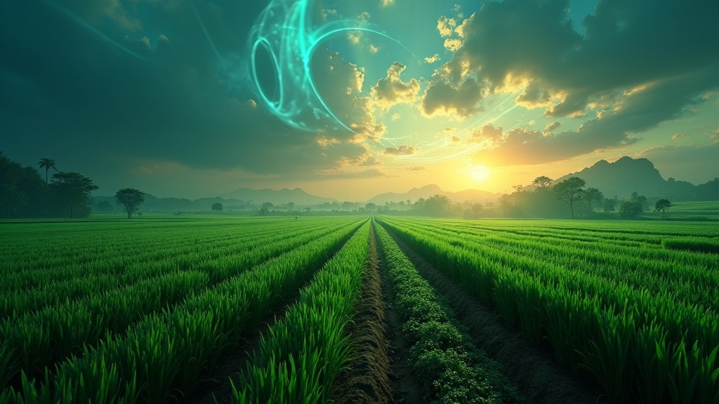 Concepto de IA en desarrollo rural sostenible fusionando tecnología y naturaleza en un campo.