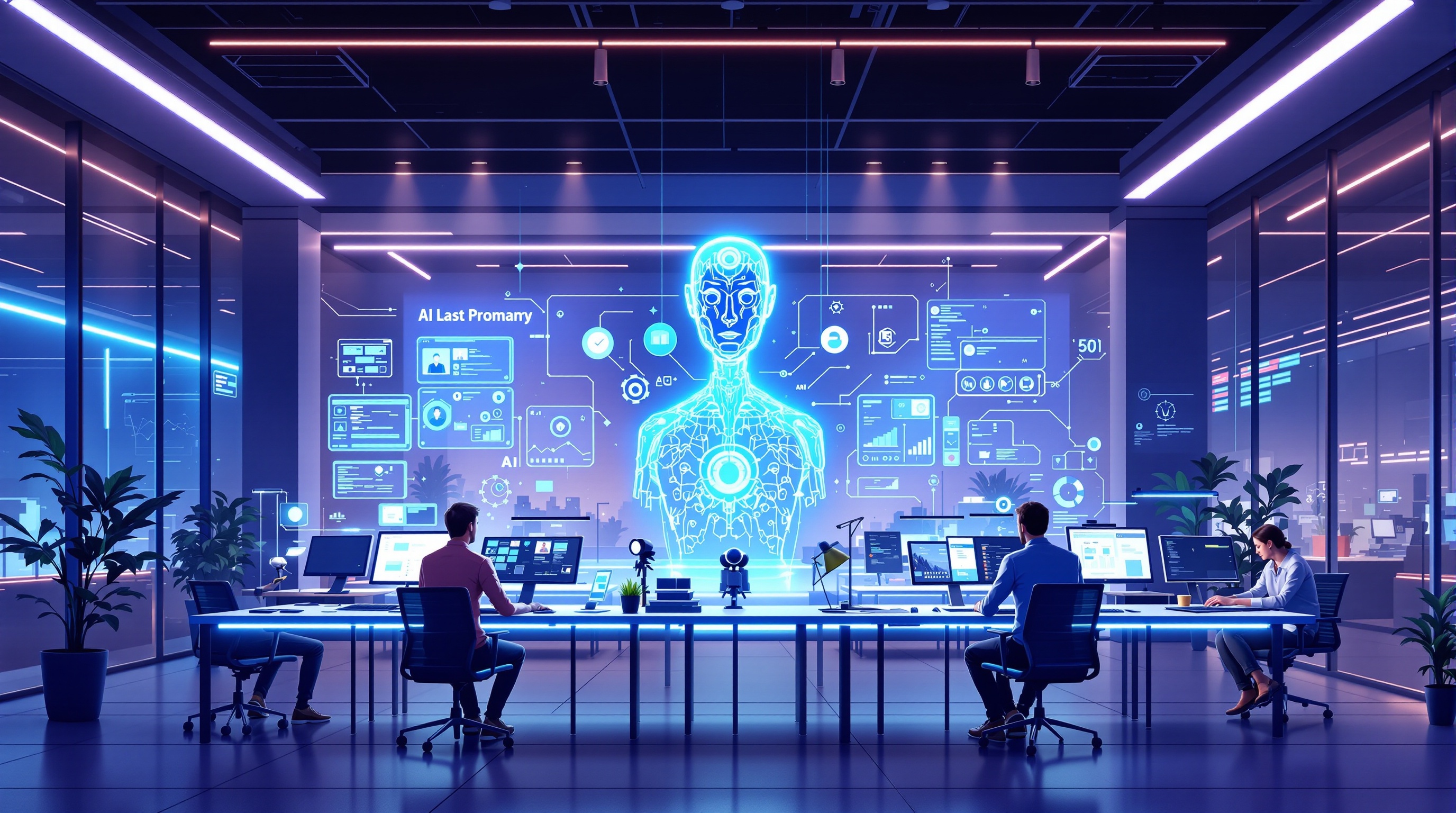 Illustrated futuristic workspace with humans and AI collaborating side by side, showing teamwork and technology integration.