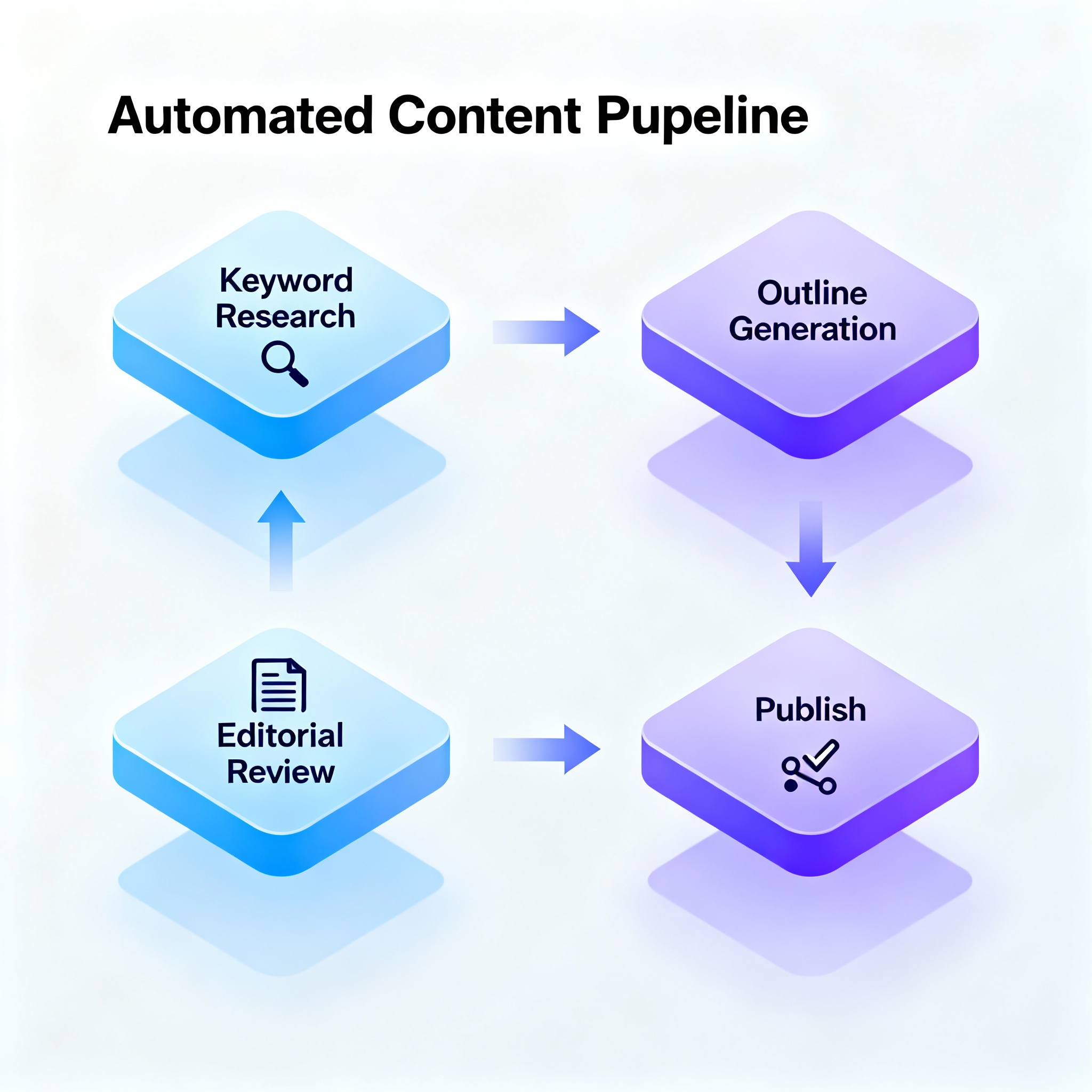 Isometric 3D diagram of an automated content pipeline with modules for Keyword Research, Outline Generation, Editorial Rev...