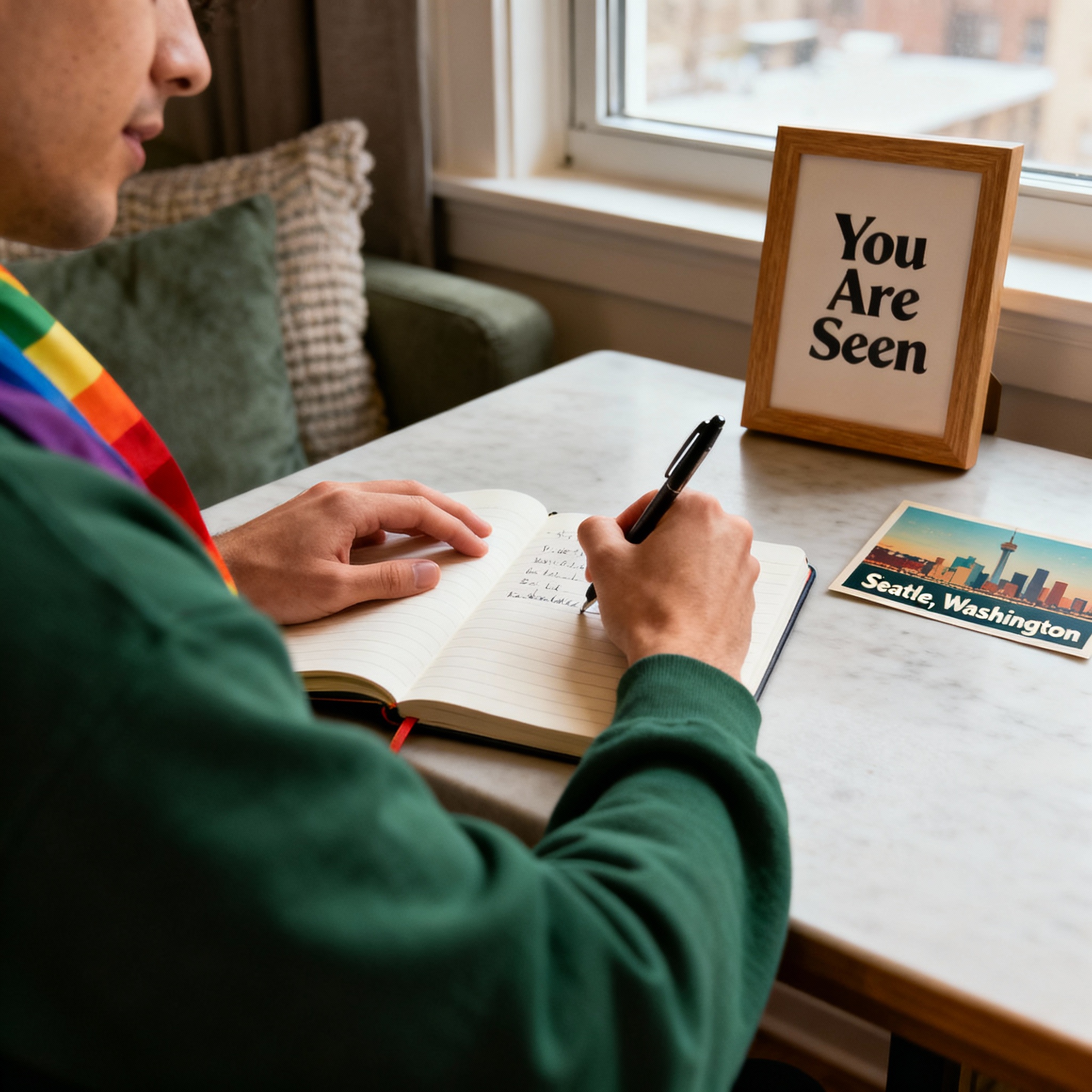 Photorealistic scene of a queer person journaling during a break from a telehealth session, cozy apartment setting, soft n...