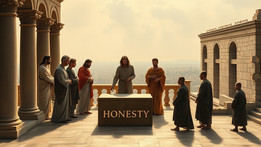 A contemplative, allegorical religious scene rendered in the style of Leonardo da Vinci, composed for a sermon illustration about honesty and trust in transactional life. Wide 16:9 landscape showing a classical stone portico and courtyard with arches and a distant, atmospheric cityscape receding into hazy aerial perspective. Central triangular composition: a serene, idealized central figure (gender-neutral, non-specific features, no identifiable person) gently places a steady hand on a freshly cut cornerstone, while a small circle of equally idealized figures lean in with expressions of trust, concern, and attentive listening — realistic, anatomically correct human forms with meticulously observed facial expressions conveying deep emotion. To the right, in softer, dimmer light and partly obscured by haze, a few ambiguous, shadowed figures stand slightly apart, their gestures furtive and indistinct to suggest temptation or improper behavior without explicit accusation. Architectural elements — carved pilasters, a balustrade, and a partially completed building with one wing showing visible cracks in its foundation — provide a visual metaphor for sound foundations versus instability; no written marks or signage appear on any surfaces. The lighting is soft and subtle, using sfumato transitions and a gentle, hazy outline that blends figures into the background; dramatic yet controlled chiaroscuro sculpts faces and drapery. Rich, earthy palette of umbers, siennas, muted ochres and deep greens, with warm highlights where light falls. Clothing and drapery are rendered with meticulous attention to texture, weight and fold, reflecting period-neutral garments that avoid cultural or national identifiers. Background objects are naturalistic and unobtrusive — blank sheets of paper or folded documents with no legible text, a simple measuring compass and straightedge lying unused on a table (rendered as ordinary tools, not as symbols or icons), scattered stones and mortar suggesting construction and repair. Balanced composition employs geometric harmony and perspective lines converging subtly toward the cornerstone, creating a quiet, meditative mood. The overall effect is highly realistic yet idealized, serene and contemplative, evoking parable-like moral reflection about trust, integrity and the consequences of unstable foundations — with absolutely no text, letters, symbols, icons, or identifiable people, places, institutions, or national markers included in the image.