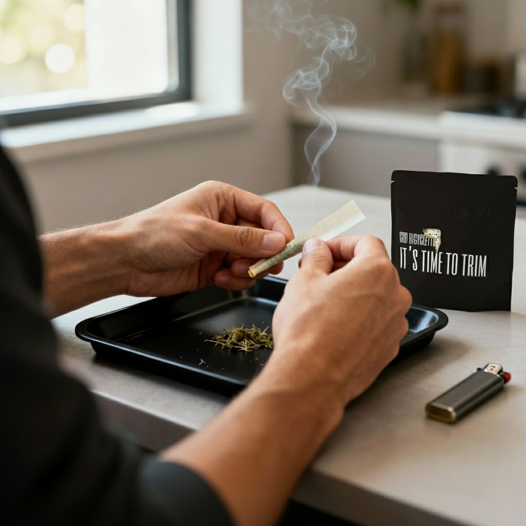 Gros plan ultra-réaliste de mains en train de rouler un joint avec de la trim CBD sur un plateau, pochette de trim, briquet et cendrier sur un plan de travail moderne.